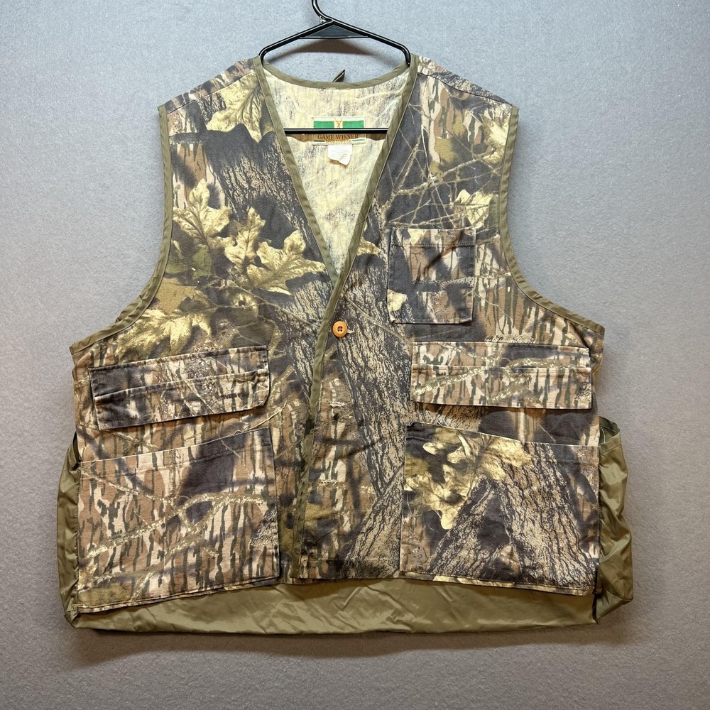 Game Winner Sportswear Vest Mens XL Brown Camo Hunting Pockets Button Game Bag